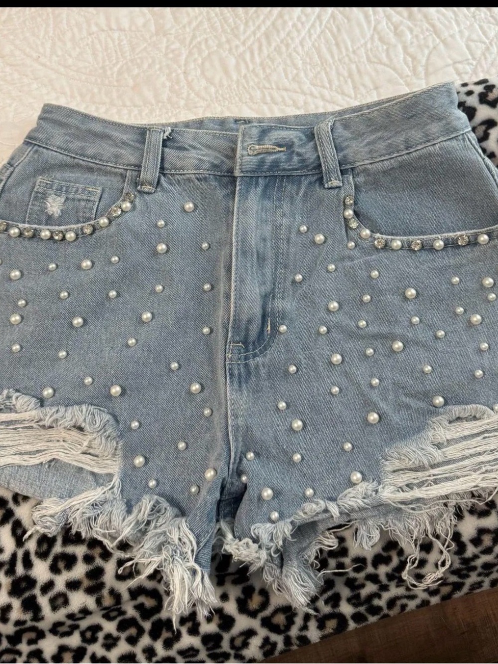 Pearl-Embellished Light Blue Denim Shorts